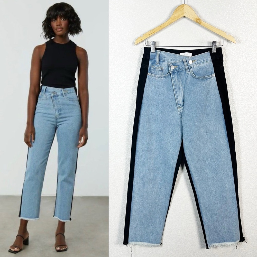 OAK + FORT Womens Crossover High Waisted Two Tone Straight Jeans Size Small / 26